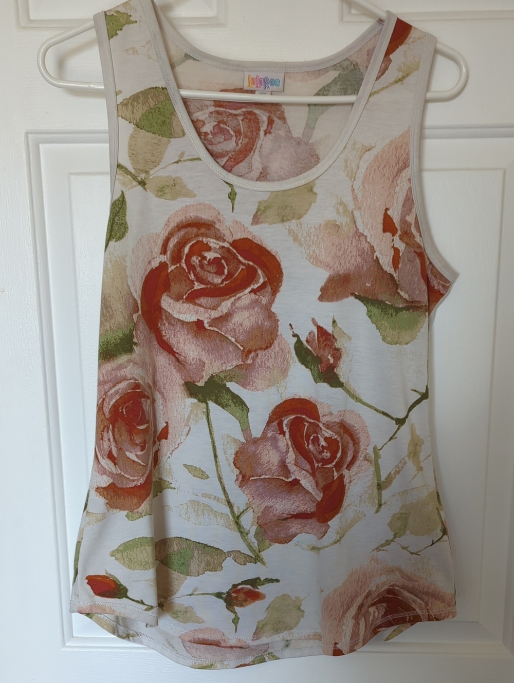 LuLaRoe Cream Tank Top with Rose Print in Red and Green